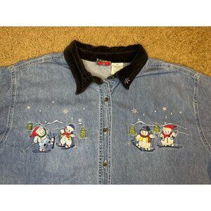 VTG Denim Winter Christmas Snowman Embroidered Button Up Shirt Velvet Collar 22W